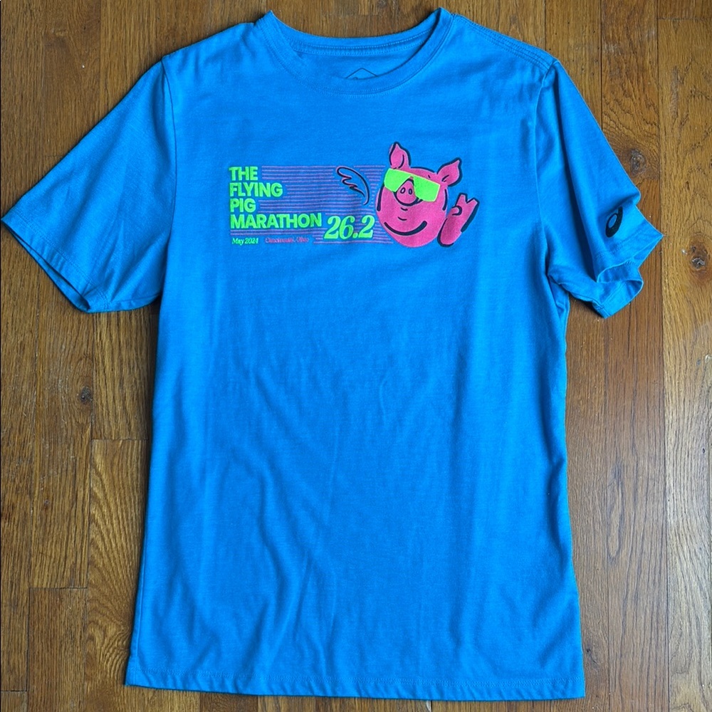 Asics Blue Short Sleeve Flying Pig Marathon Tee